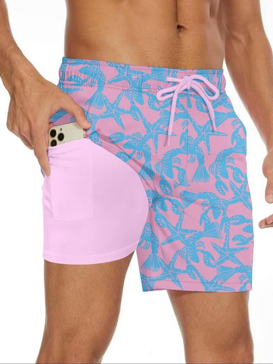 Men'S Floral & Cartoon & Animal Print 2 in 1 Drawstring Waist Beach Shorts, Casual Quick Drying Swim Shorts for All Seasons, Men'S Swimwear for Beach Vacation