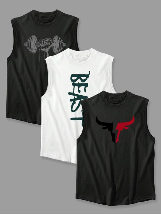 Men'S Letter & Bull Head Print Tank Top, Regular Fit Casual Sleeveless round Neck Top for Summer, Men'S Top for Daily Wear, Vests