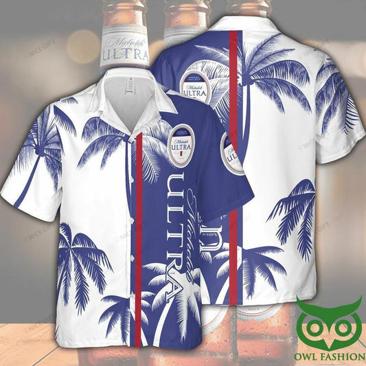 Michelob Ultra Blue and White Coconut Hawaiian Shirt Casual Tropical Short Sleeve Button down Shirt Top Menswear