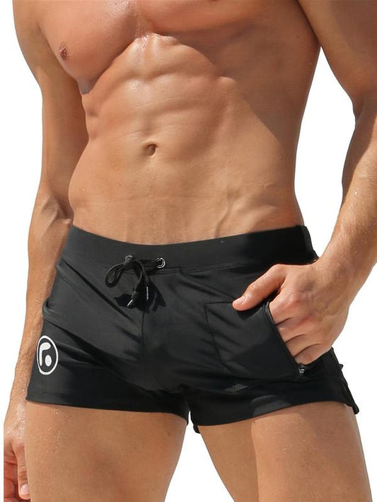 Men'S Solid Color Zipper Pocket Swim Trunks, Casual Comfy Breathable Swim Shorts for Beach Swimming, Men'S Swimwear for All Seasons